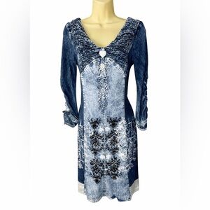 Elisa Cavaletti Italian Designer Ruched Denim Print Dress Lagenlook Boho Tunic M
